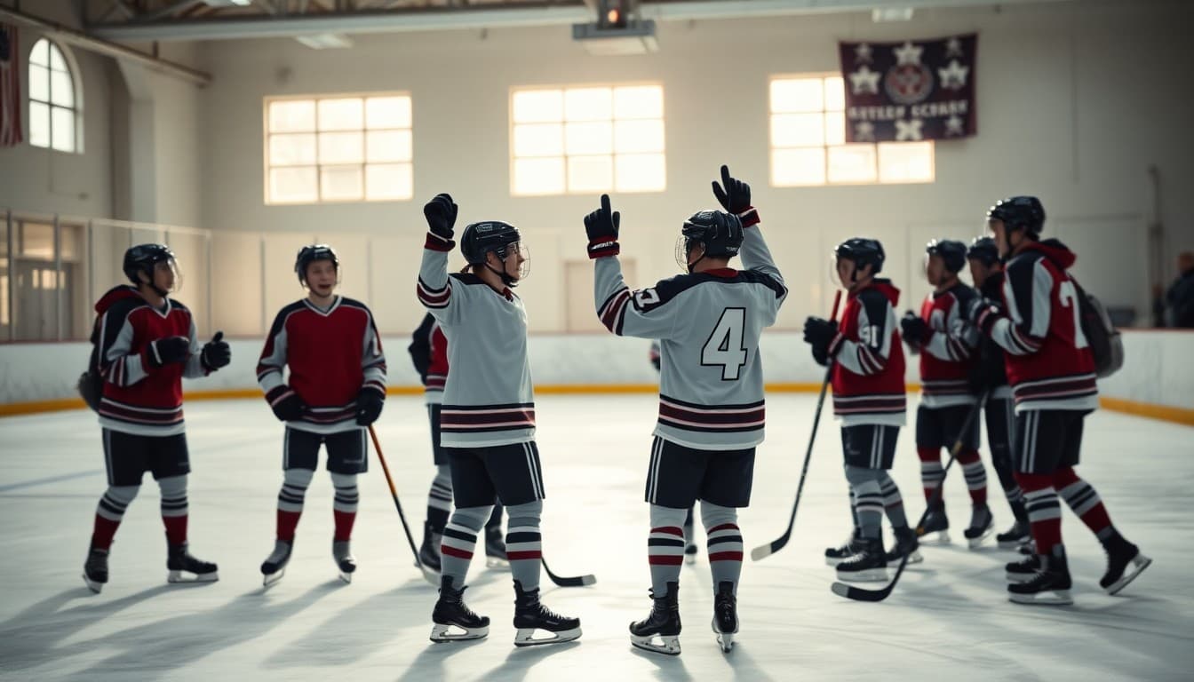 School hockey team celebrating on the ice after a game win