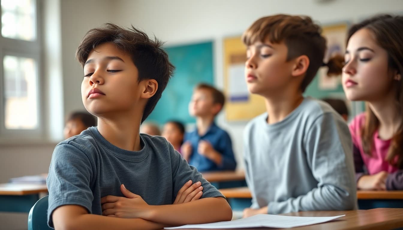 Students doing mindfulness breathing exercise in classroom with eyes closed practicing focus and calm