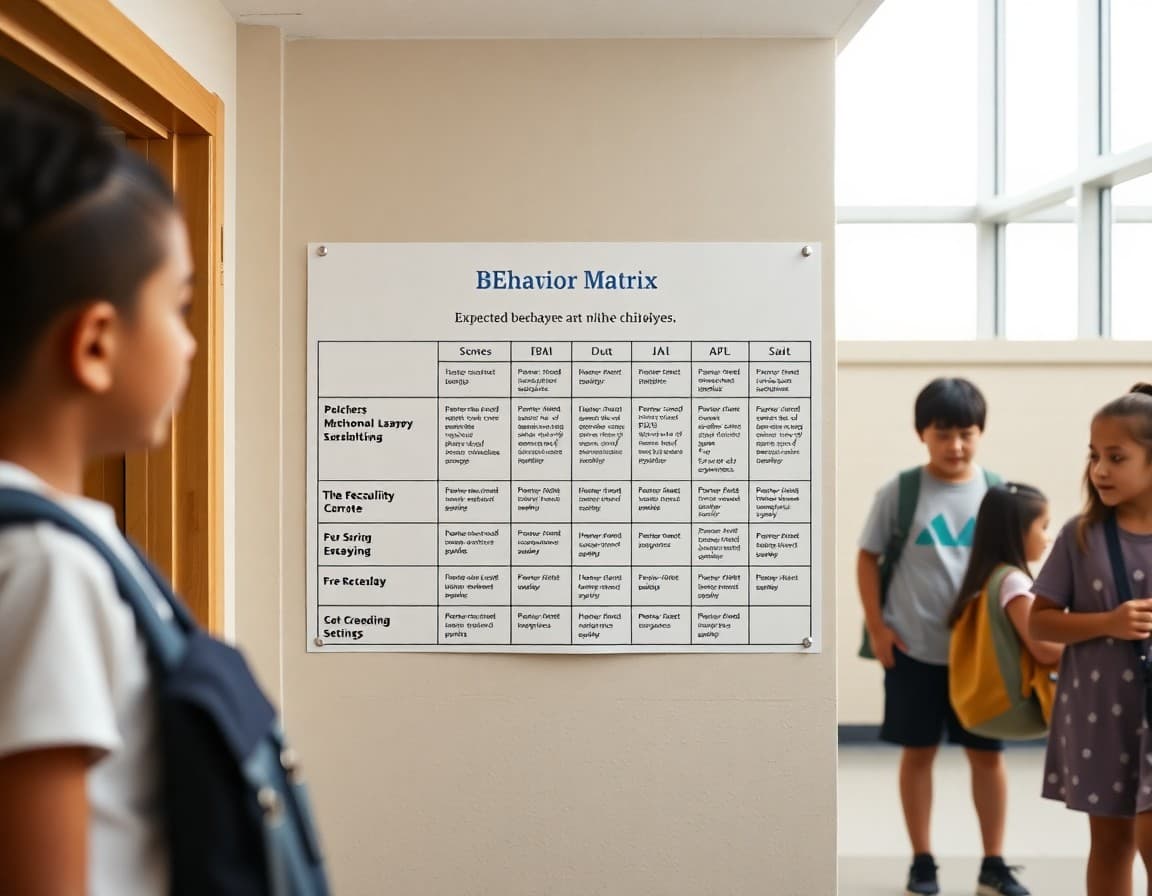 School hallway displaying PBIS behavior matrix with expected behaviors in different school settings