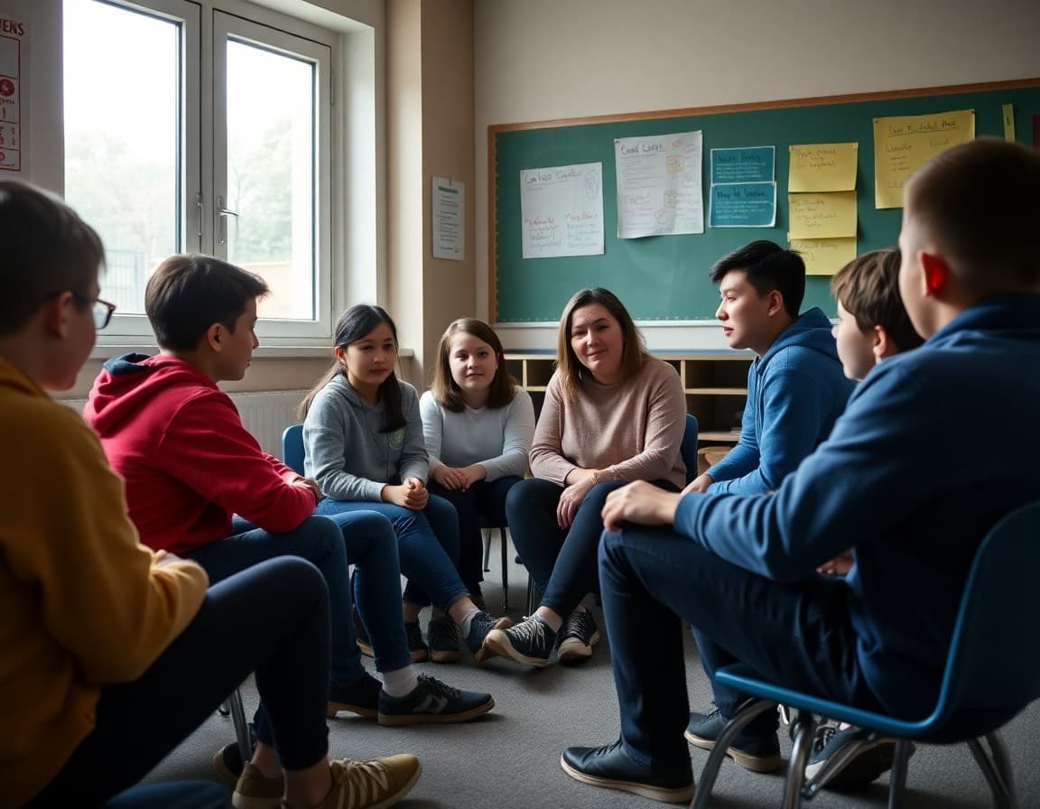 Students and teacher sitting in restorative circle to repair relationship after school conflict