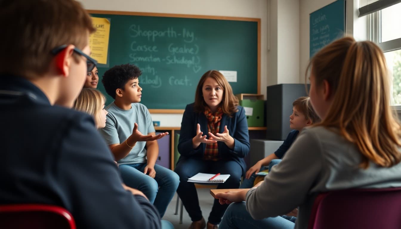 School counselor explaining restorative practices circle process to students in classroom discussion