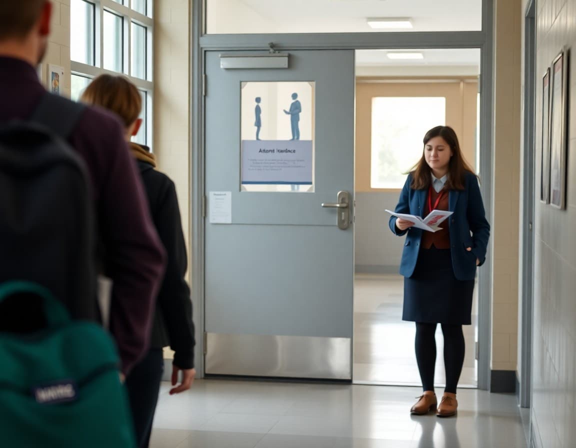Student arriving on time at school entrance while attendance secretary marks daily attendance record