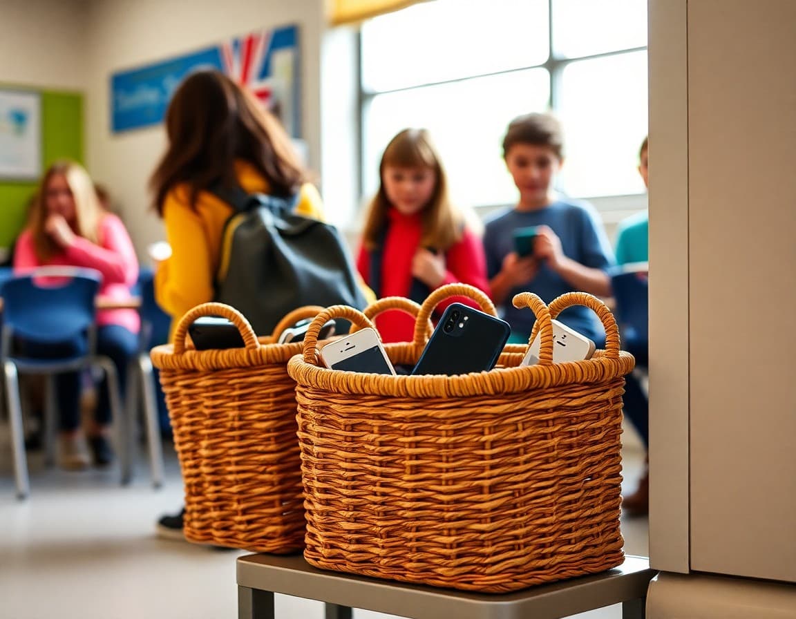 Phone storage pouches or baskets at classroom entrance where students place devices during school day