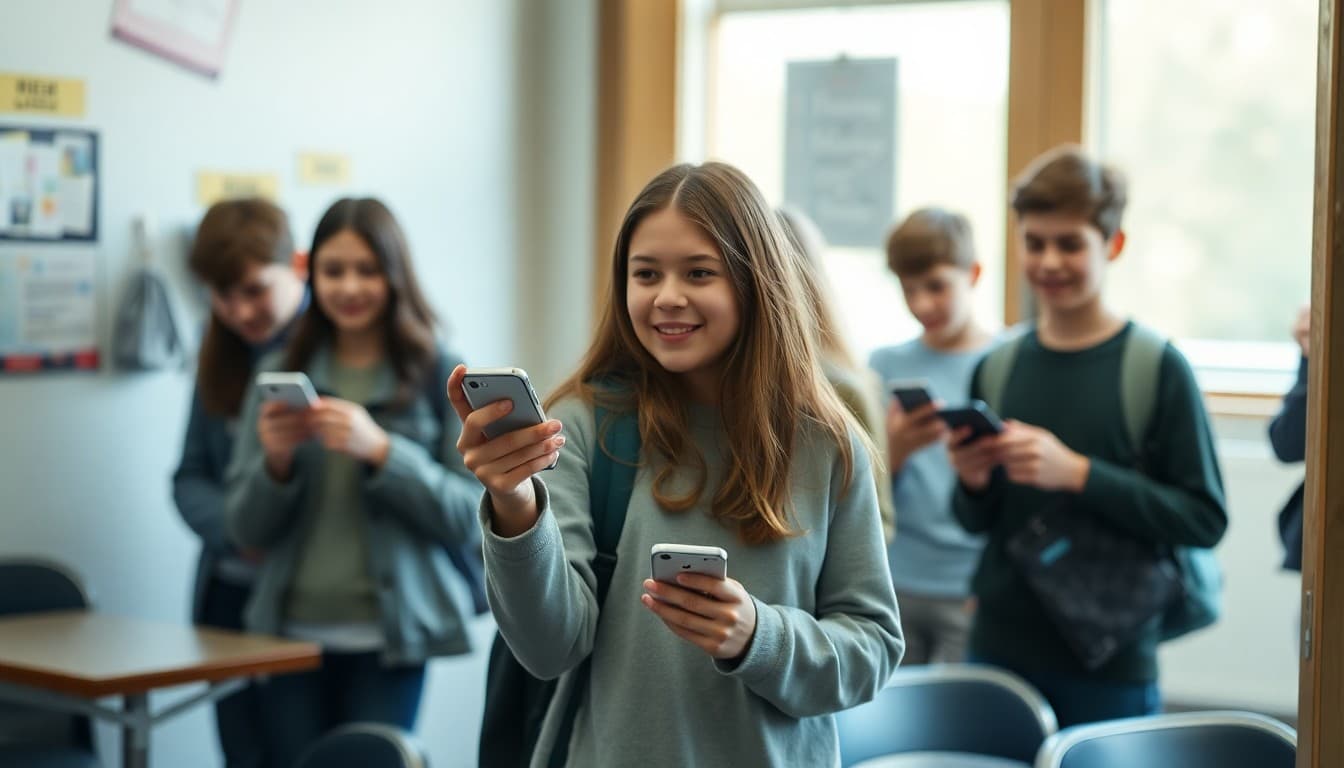 Students surrendering phones at classroom door per new school cell phone policy at high school