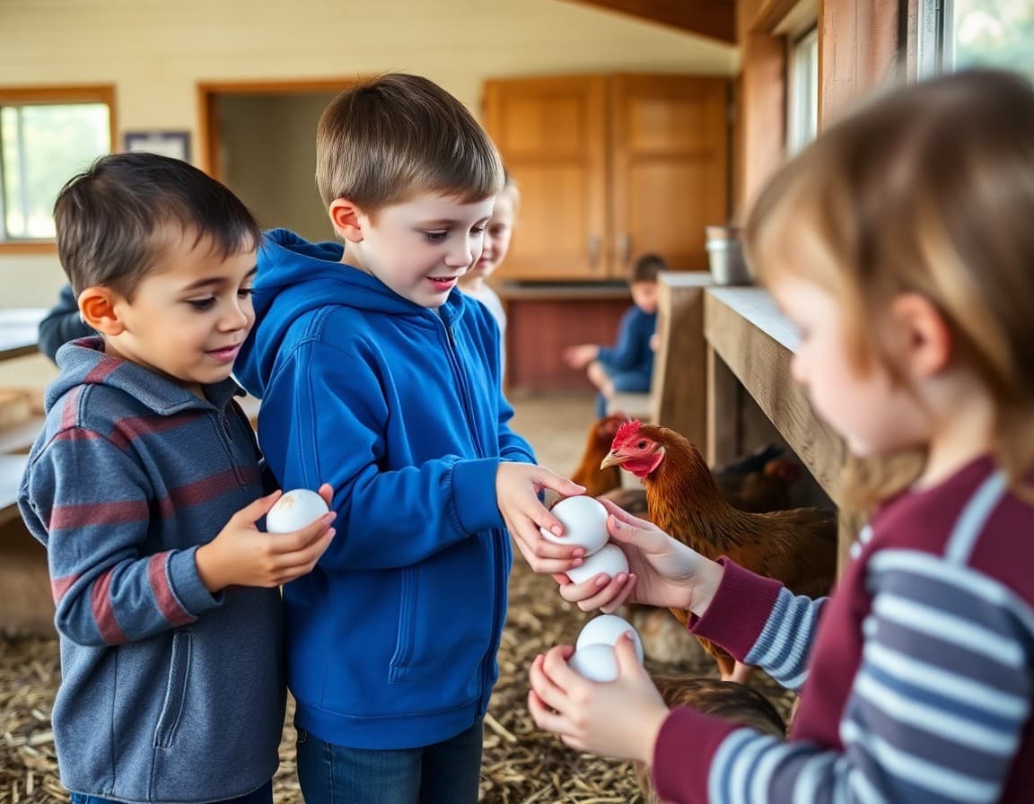 Students collecting eggs from school chicken coop in morning agricultural science activity