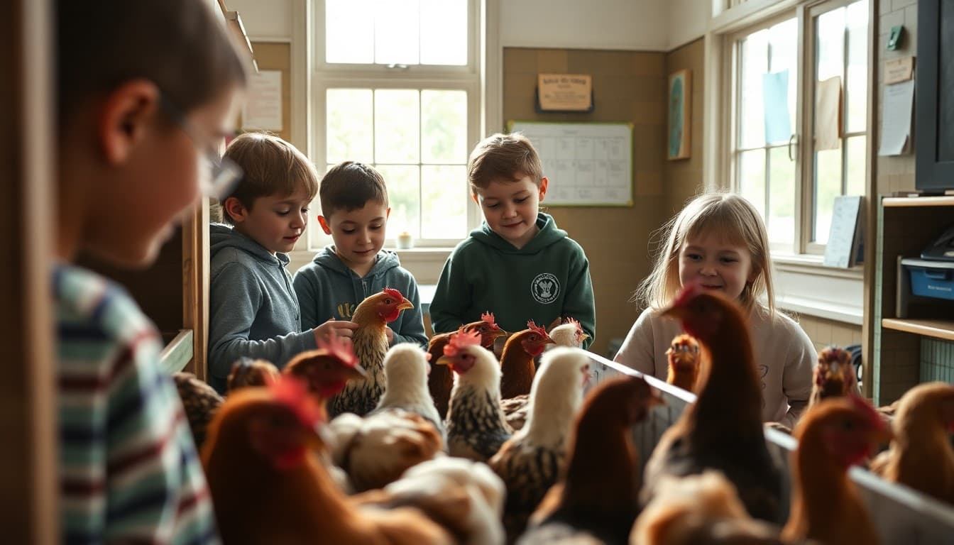 Elementary students learning from school chicken coop and interacting with school flock with teacher