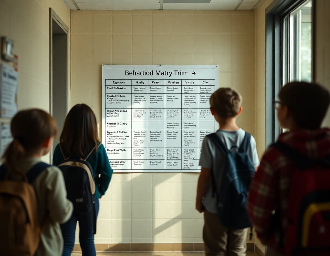 School behavior matrix poster displayed in hallway showing expected behaviors and consequences clearly