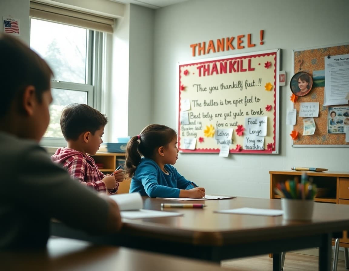 Students writing gratitude notes and creating thankful bulletin board display in elementary classroom
