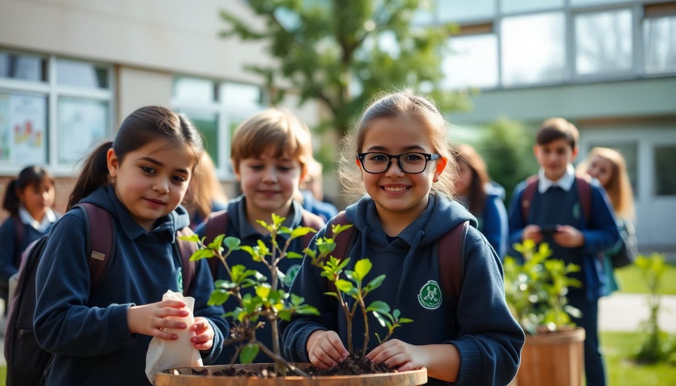 School green team students at recycling drive or tree planting event in school grounds