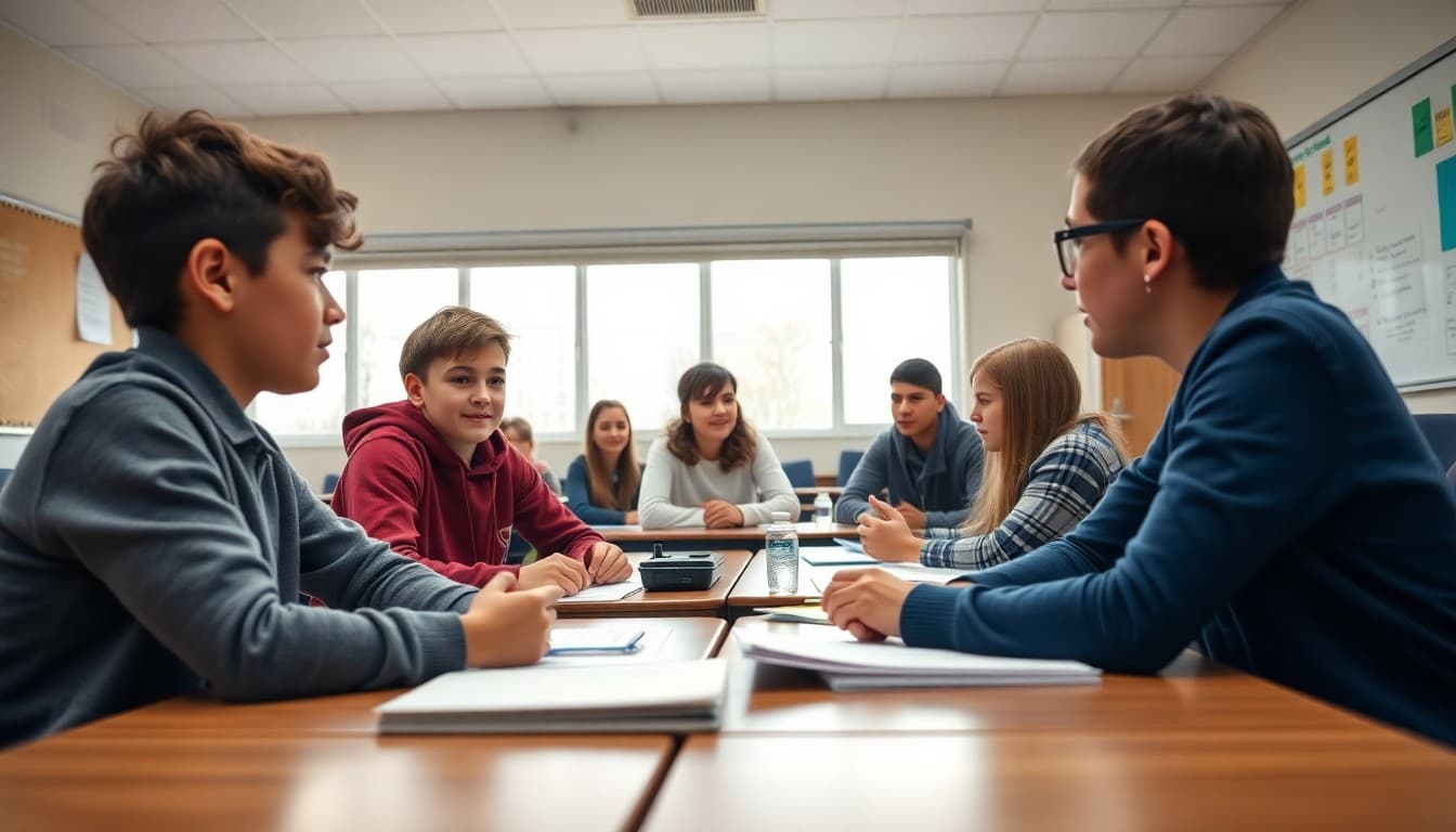 Students in a classroom role-playing bystander intervention scenarios with a counselor