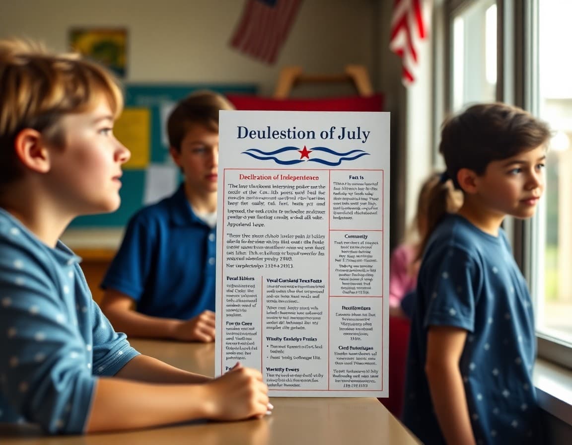 Fourth of July school newsletter with Declaration of Independence facts and community event ideas