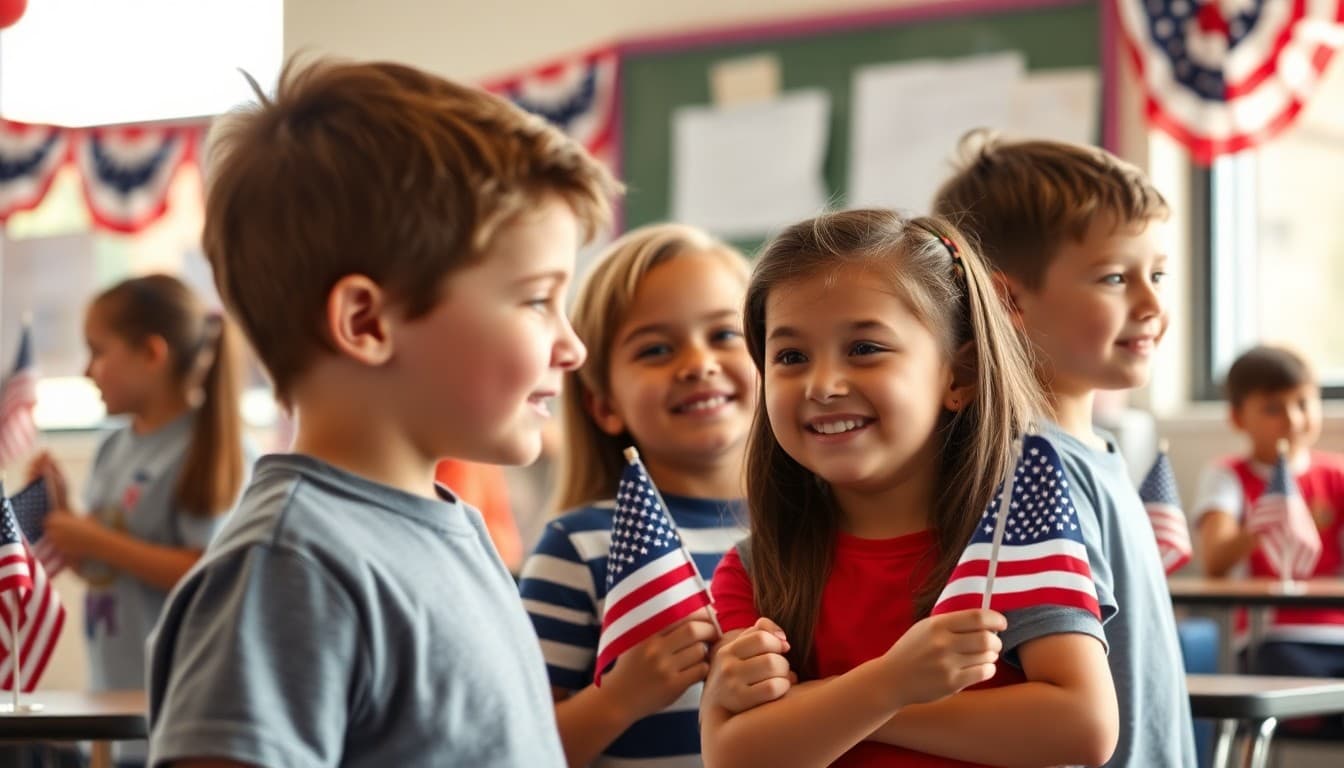 Students at a school Fourth of July celebration with American flags and patriotic decorations