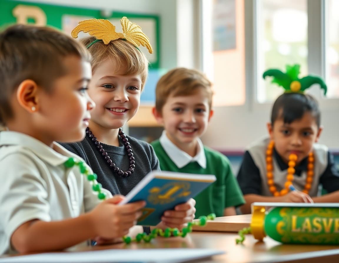 Mardi Gras school newsletter with cultural history section and classroom activity preview