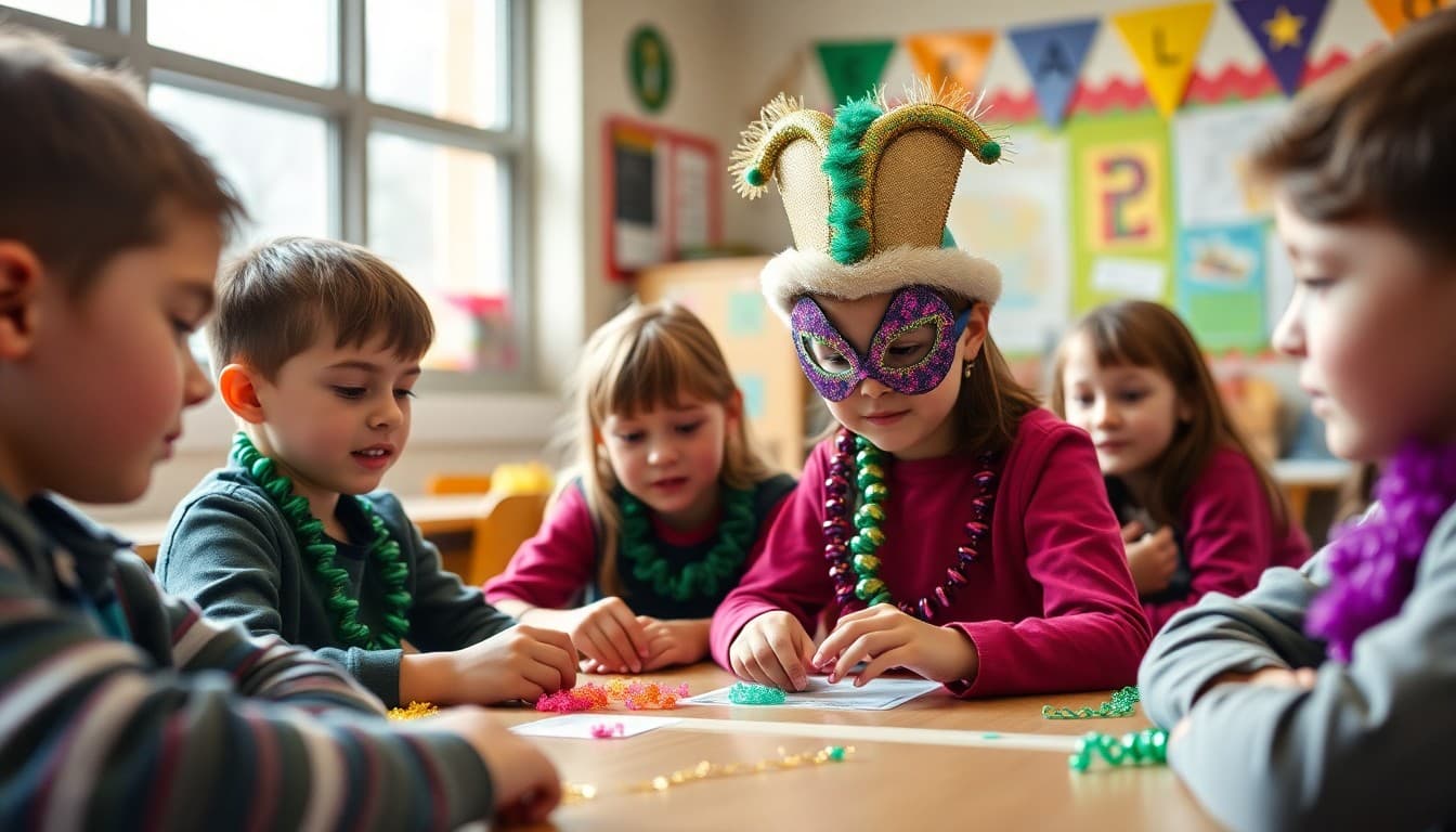 Students at school exploring Mardi Gras cultural traditions with colorful decorations