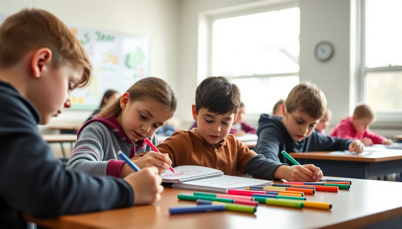 Students in a classroom writing New Year's goals on paper with colorful markers