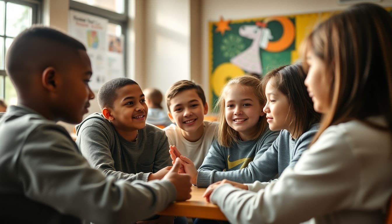 Students in a small group discussion activity building positive peer connections