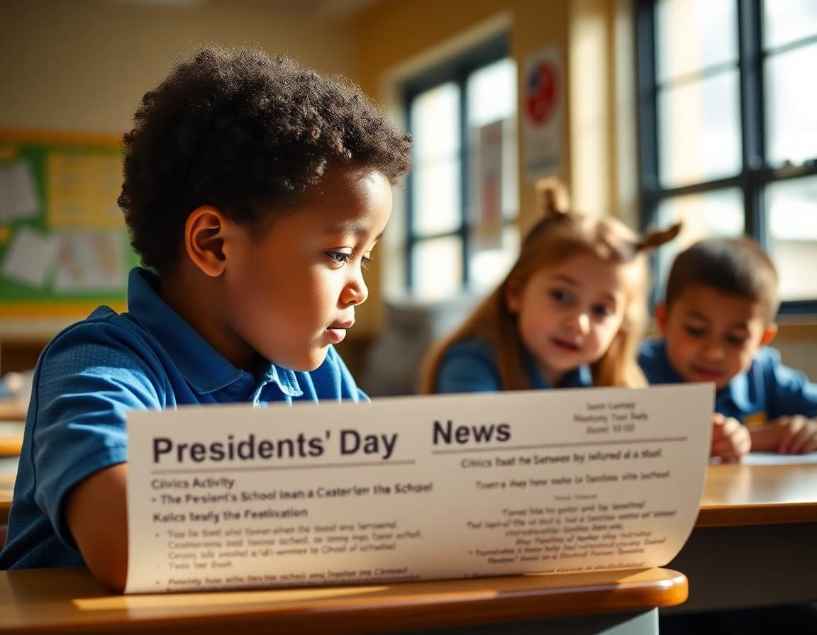 Presidents' Day school newsletter with civics activity and February schedule information
