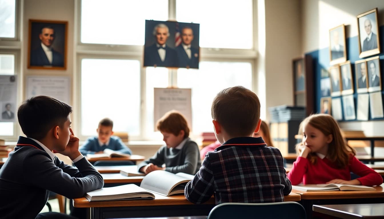 Students in a classroom studying presidential history with books and portraits on display