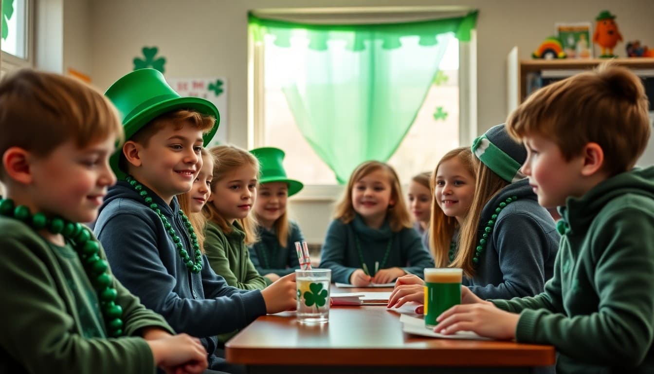 Students celebrating St. Patrick's Day with green decorations and Irish cultural activities