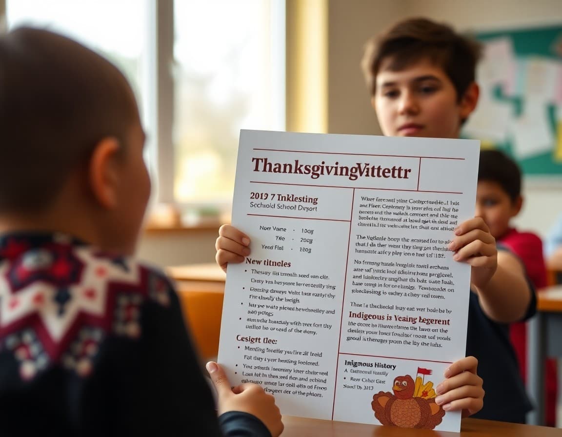 Thanksgiving school newsletter with break dates, gratitude section, and Indigenous history note