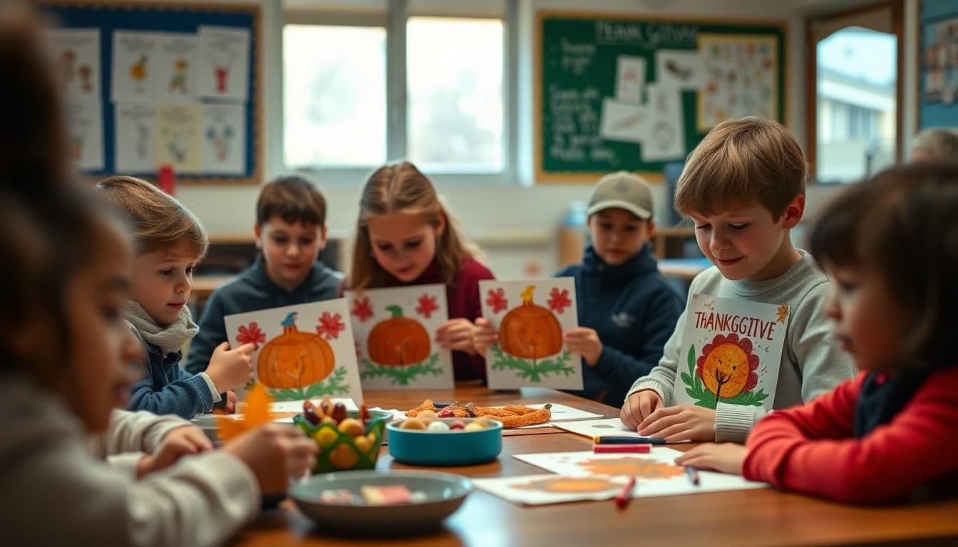 Students at school creating Thanksgiving-themed artwork and sharing gratitude projects