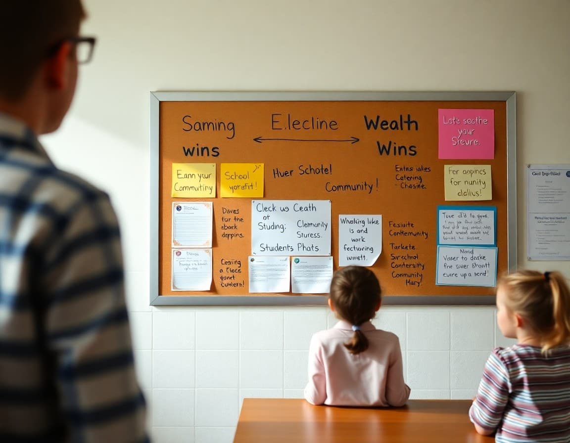 Bulletin board filled with student accomplishments and positive messages celebrating school community wins