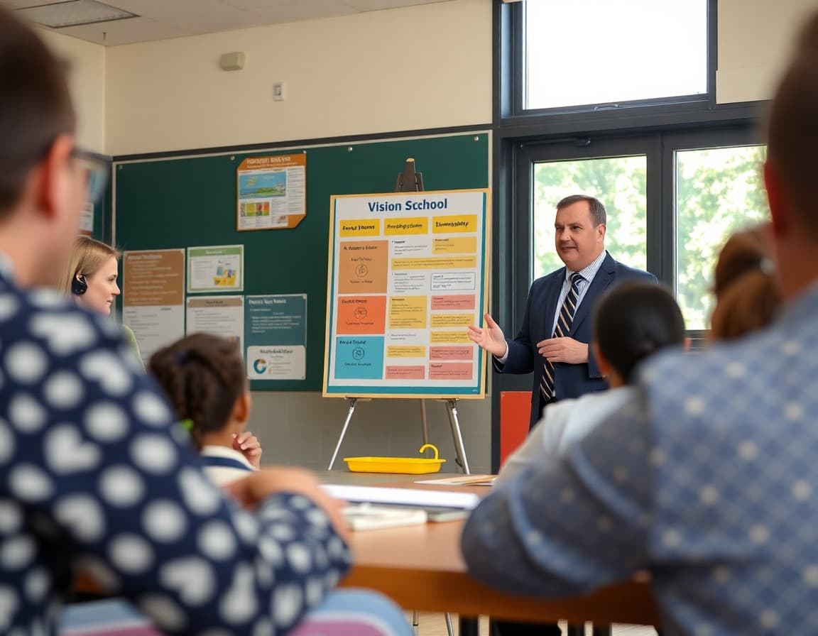 Principal presenting school vision board with strategic goals to engaged parent community at school event