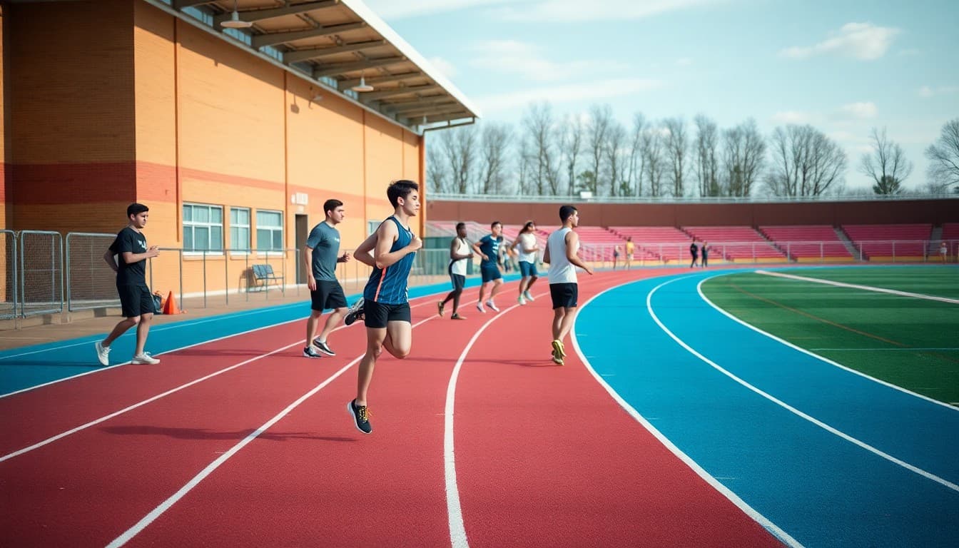 Track and field athletes warming up on the track before a meet