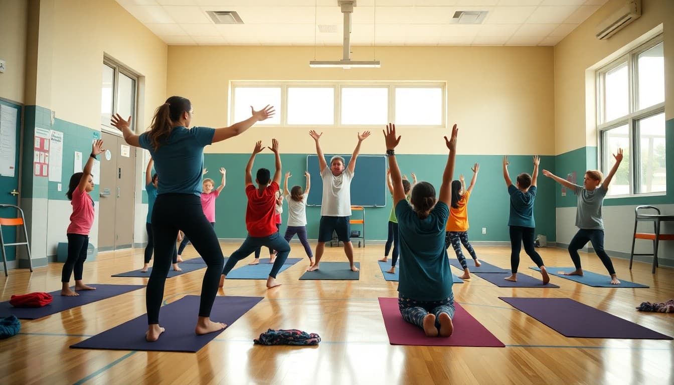 Students doing yoga poses in gym for school wellness program with teacher demonstrating positions