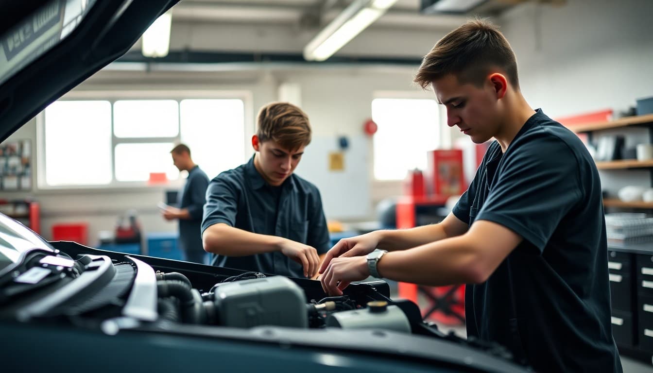 Auto mechanics students working on a car engine in the school automotive technology shop