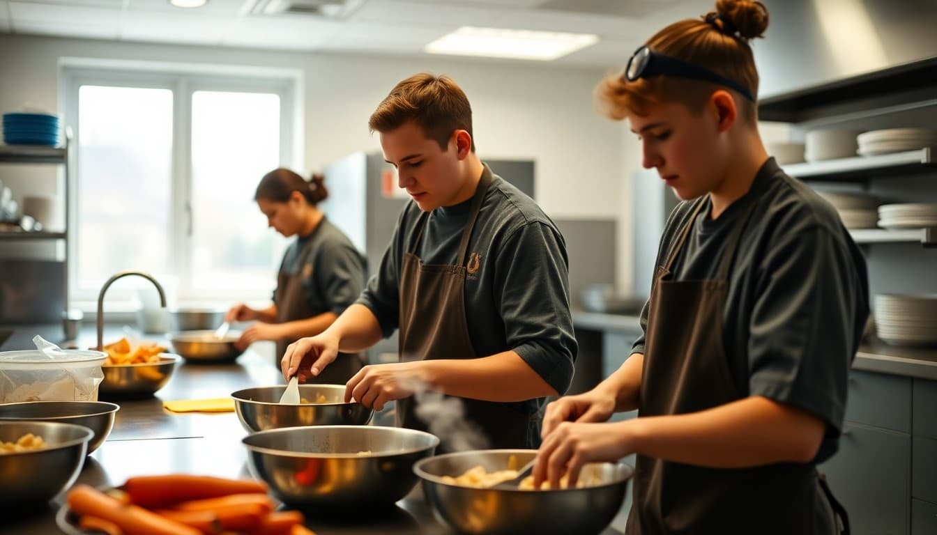 Culinary arts students cooking together in a school commercial kitchen classroom