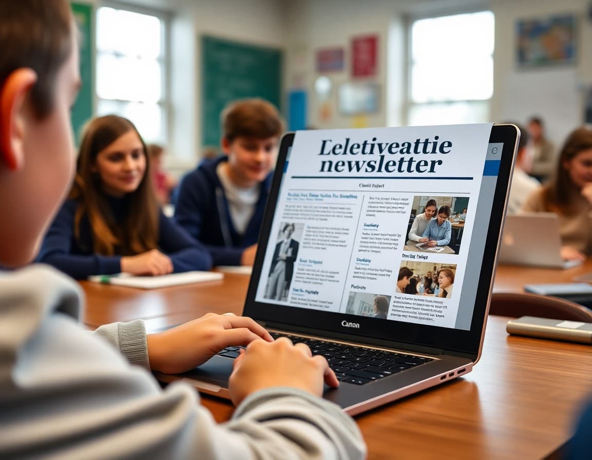 Elective class newsletter template open on a desktop showing student project highlights