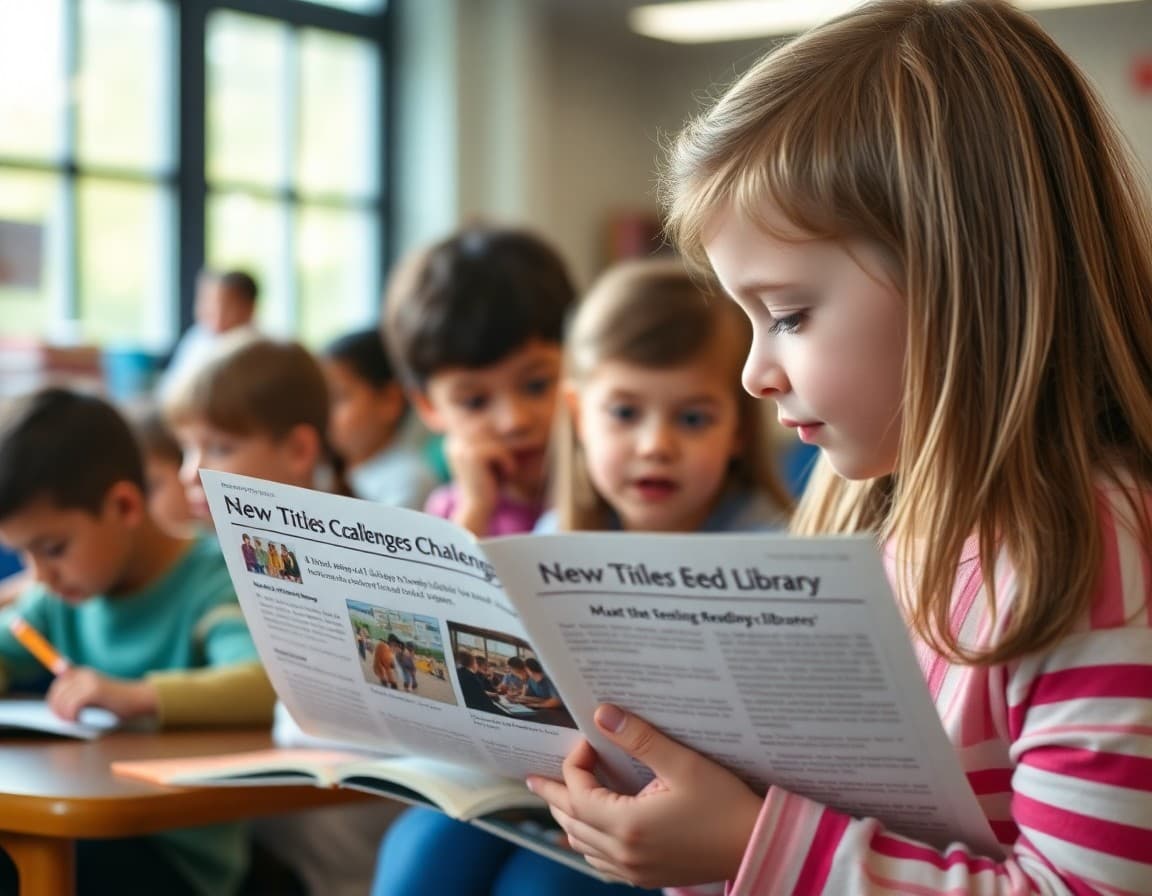 School library newsletter showing new titles reading challenges and database access information