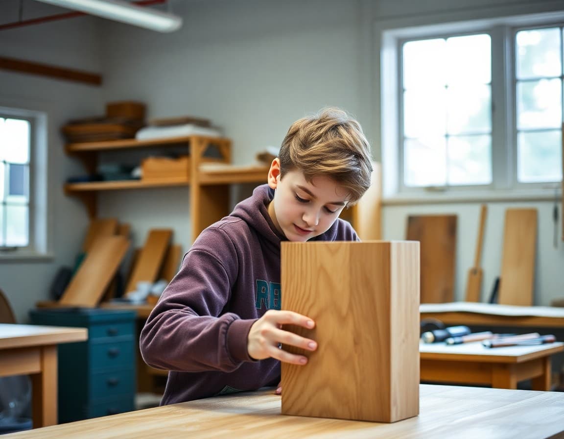 High school woodworking student finishing a completed project in school shop classroom