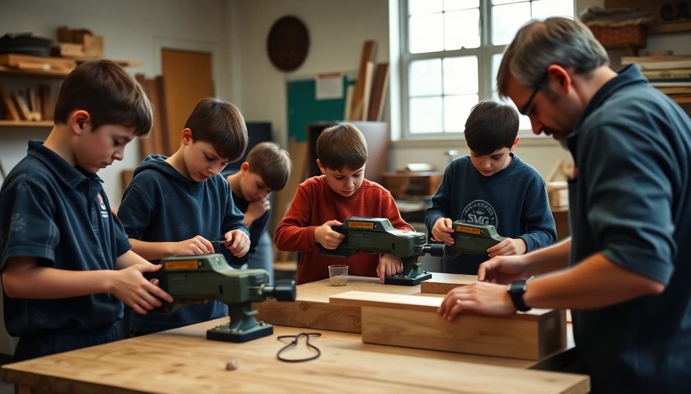 Students using woodworking tools safely in a school wood shop class with instructor