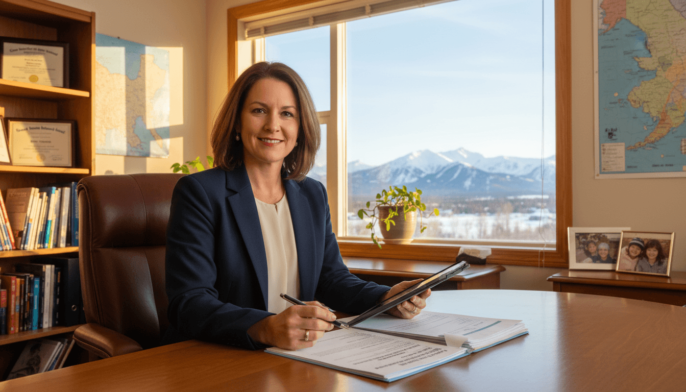 Alaska school district administrator reviewing parent communication policy in office with snow-covered mountains visible