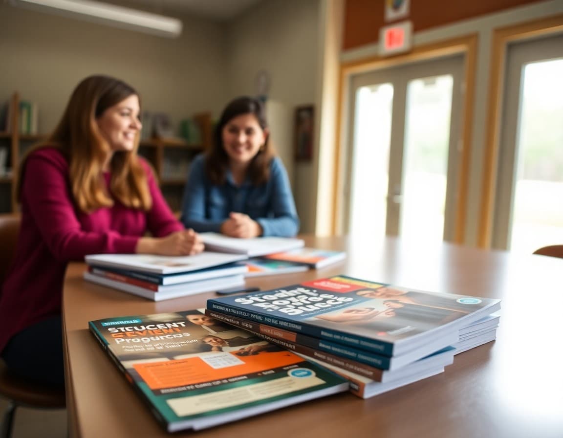 Student services program materials and resource guides on a table