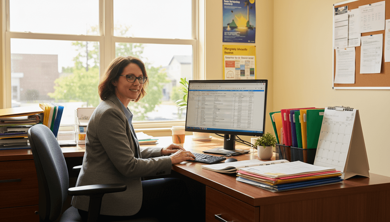 School district registrar reviewing enrollment data at a computer before the school year begins