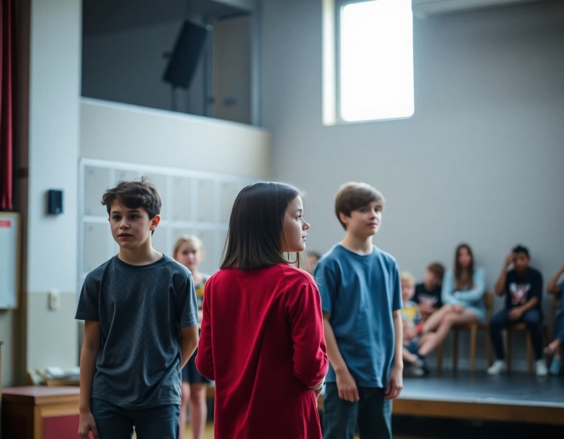 Theater students rehearsing on stage for a school production
