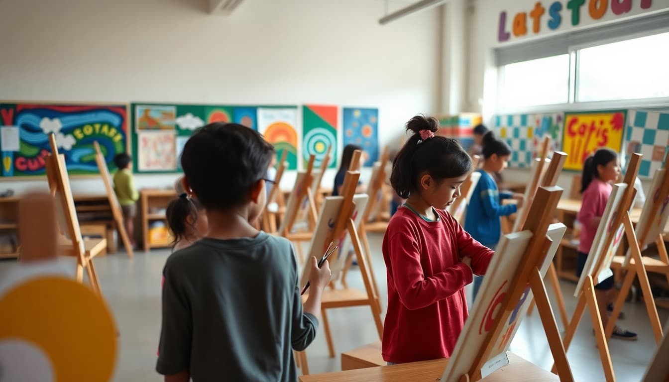 Students painting at easels in an art classroom with colorful work displayed on walls