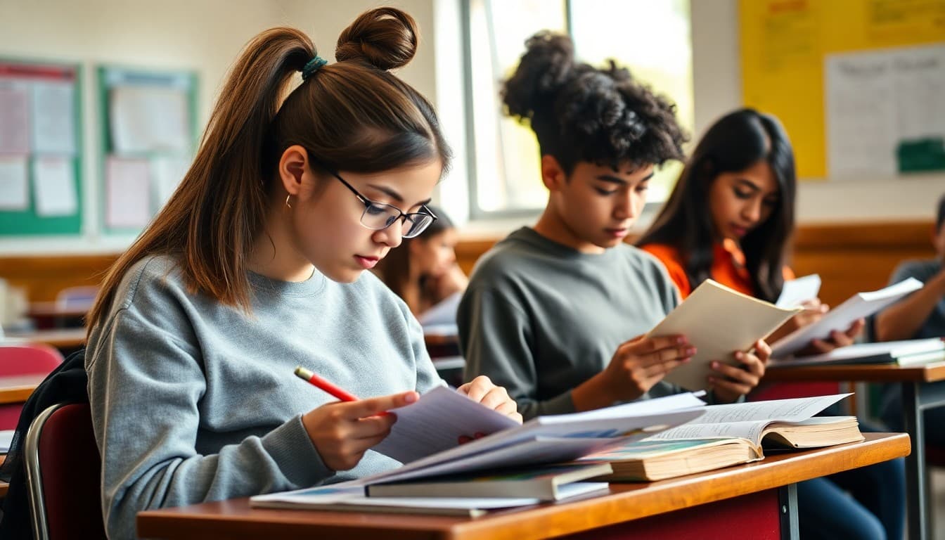 High school students reading and annotating texts in an English class