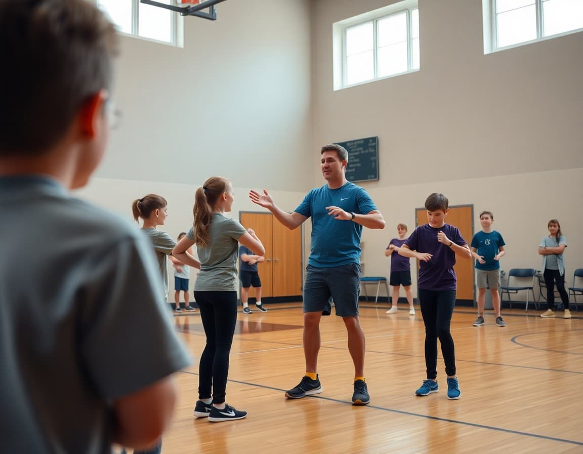 PE teacher demonstrating fitness activities to students in a gymnasium