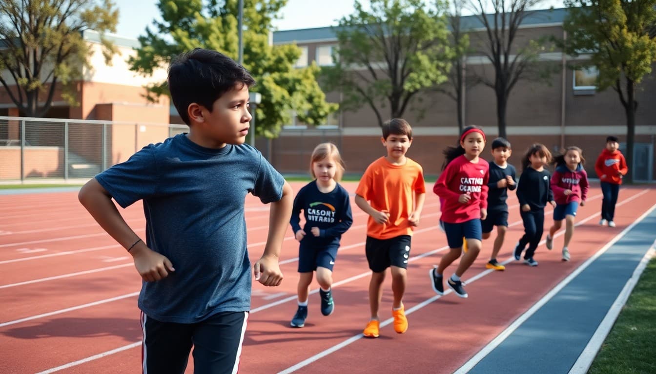 Students participating in a physical education class outdoors on a track