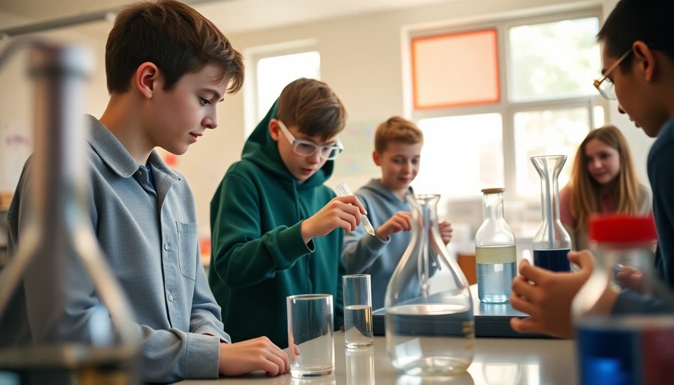 Middle school students conducting a science experiment with lab equipment