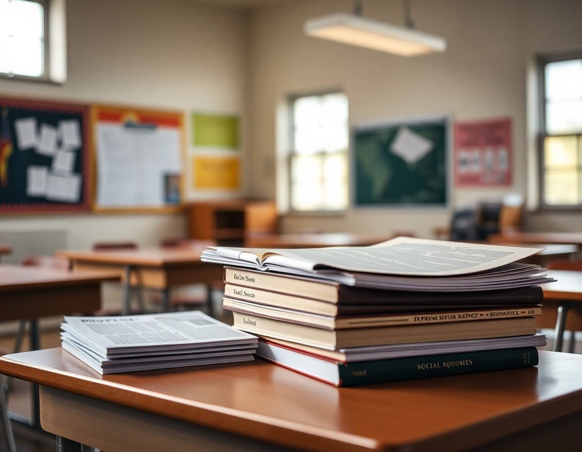New social studies textbooks and primary source documents on a desk