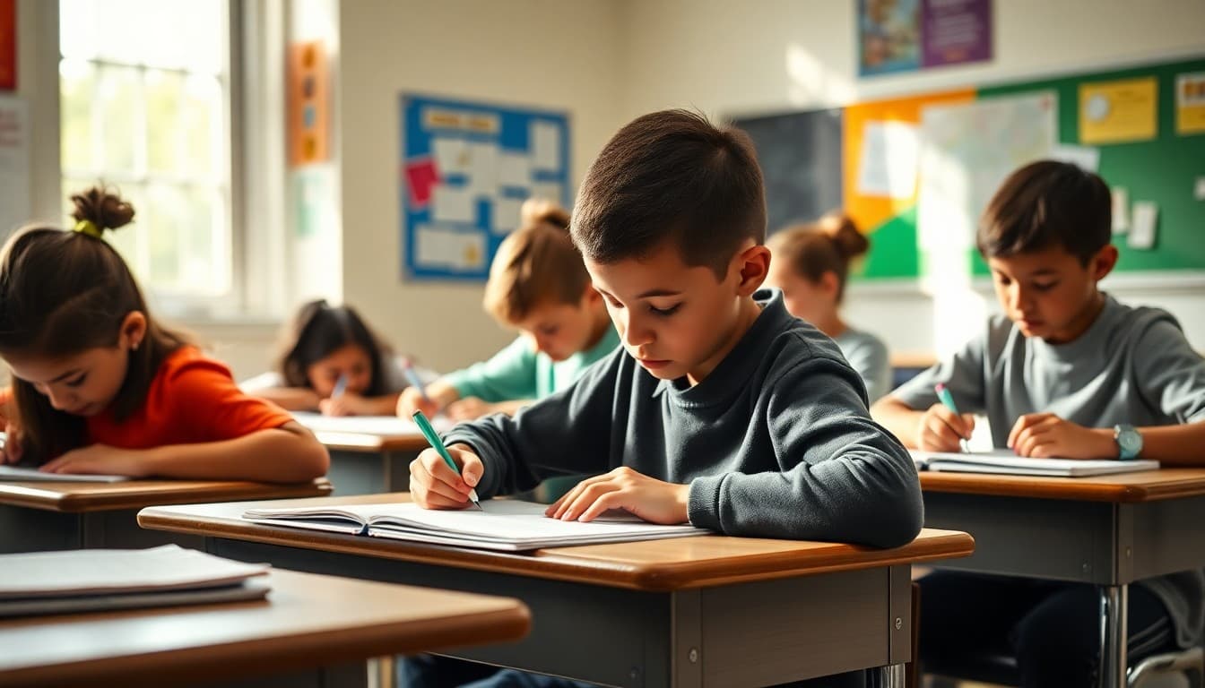 Students writing in notebooks at their desks in a writing workshop classroom