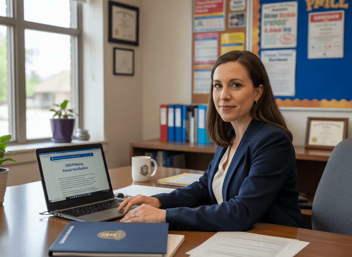 Delaware district communication director preparing DSSA testing parent notification on computer