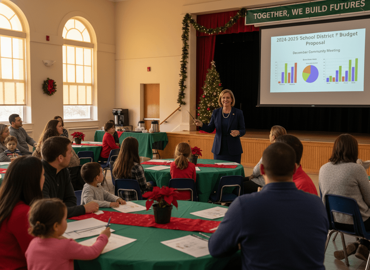 District administrator presenting budget charts at a family community meeting in December