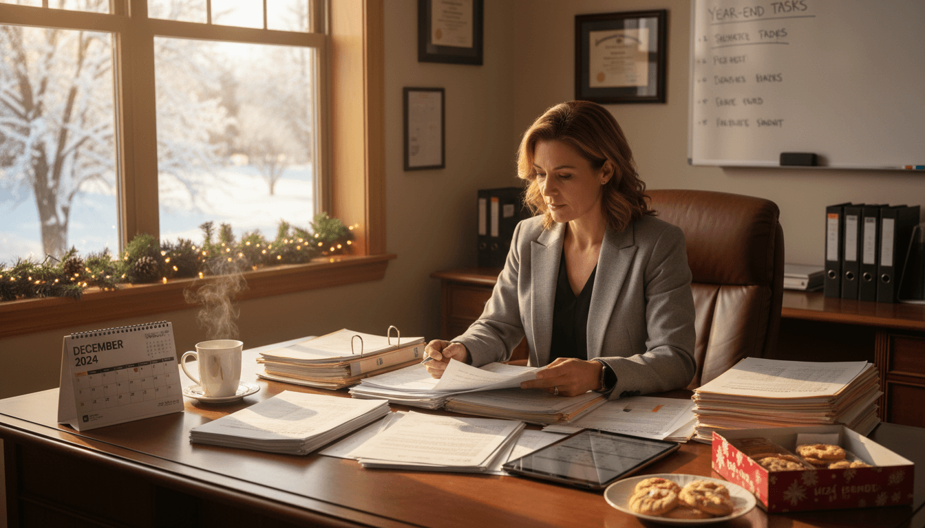 School district finance officer reviewing year-end budget documents at a desk in December
