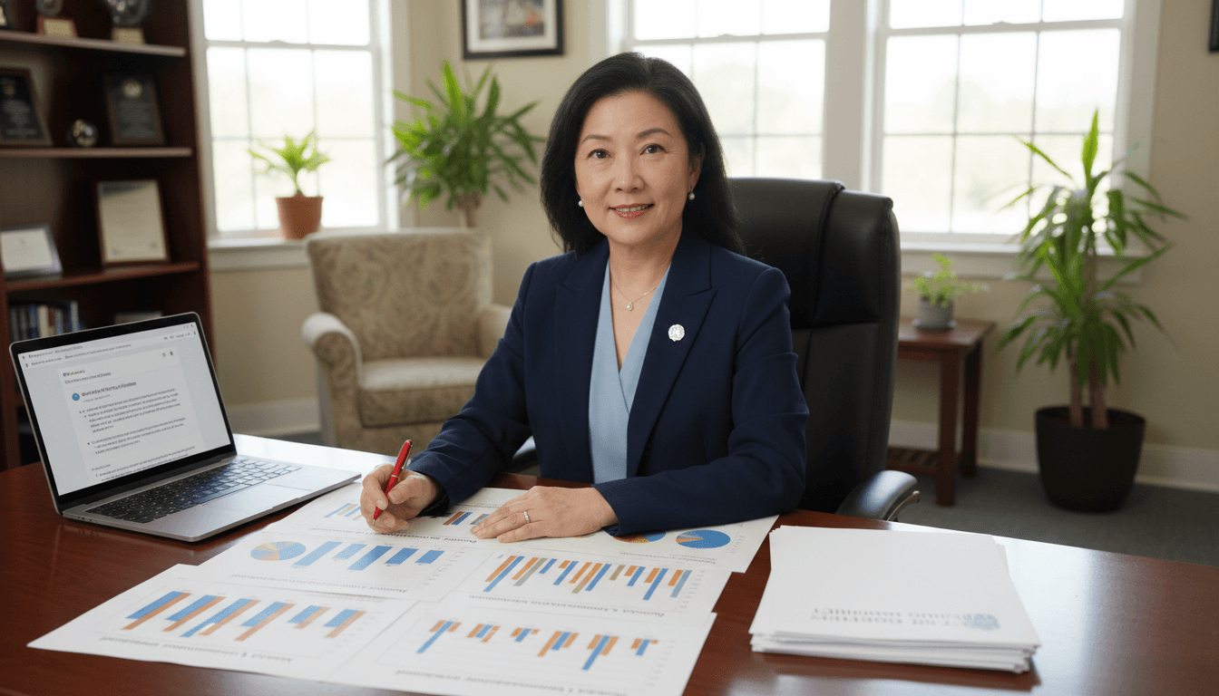 School district administrator reviewing academic achievement charts before sending a family newsletter